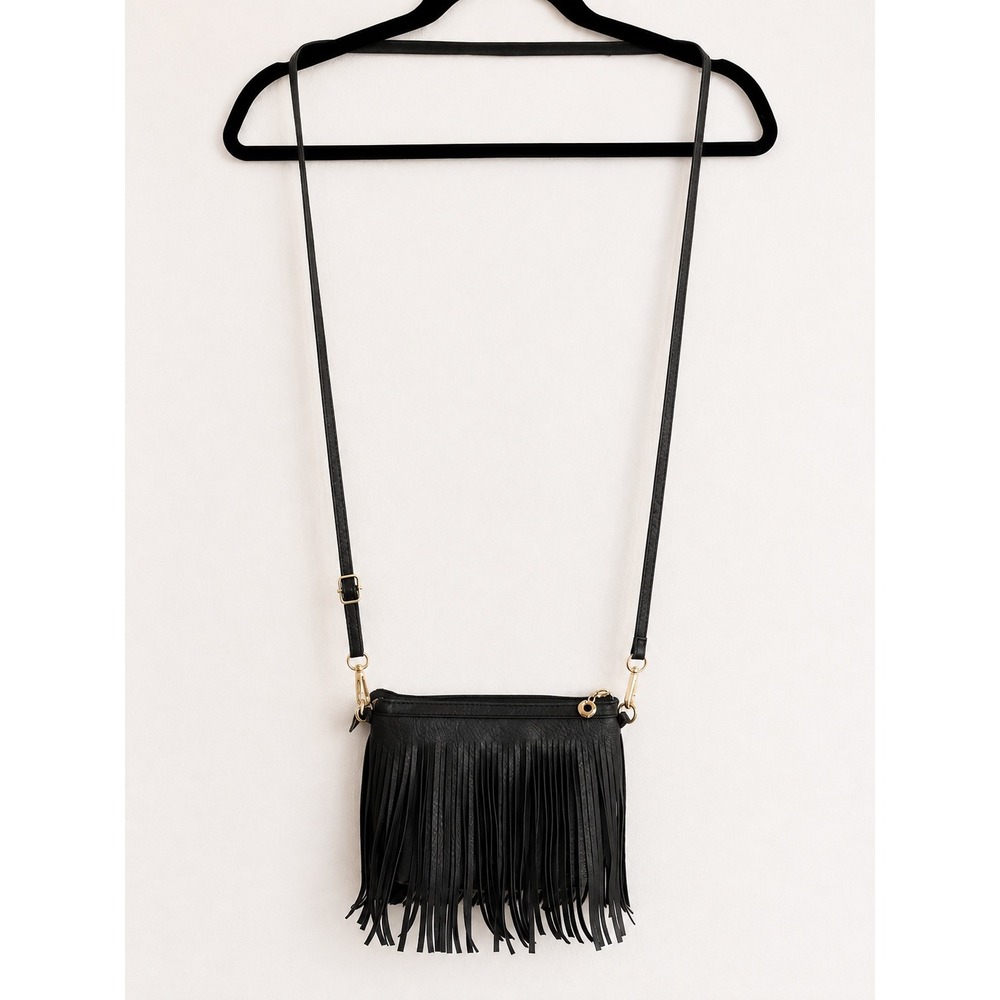 Fashionpuzzle Black Fringe Crossbody Bag Faux Leather Boho Festival Purse